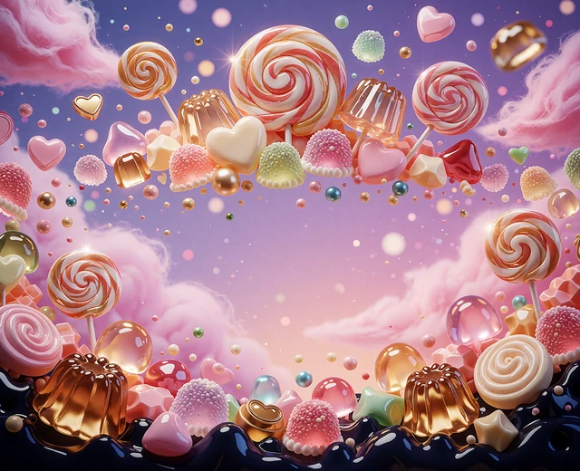 Kolorowe żelki i lizaki na r&oacute;żowo-fioletowym niebie - grafika slotu Sugar Rush 1000