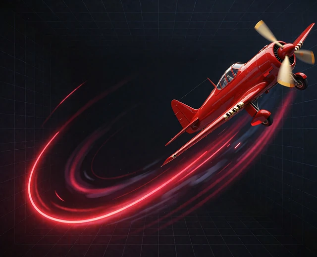 Czerwony samolot śmigłowy wznoszący się nad ciemną siatką - grafika gry crash Aviator
