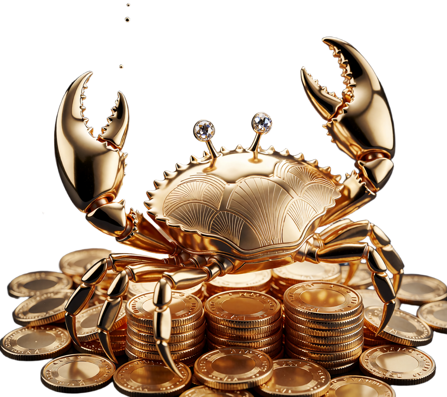 Złoty krab z diamentowymi oczami na stosie monet - maskotka mechaniki Bonus Crab w Millioner Casino